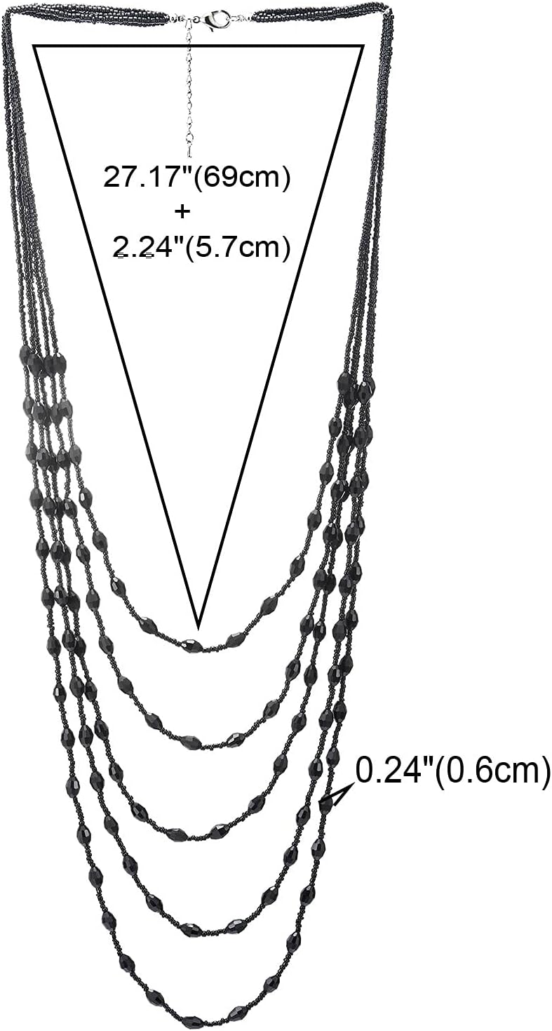 COOLSTEELANDBEYOND Oval Beads Statement Necklace Multi-Strand Long Chains with Crystal Charm Pendant - Image 2